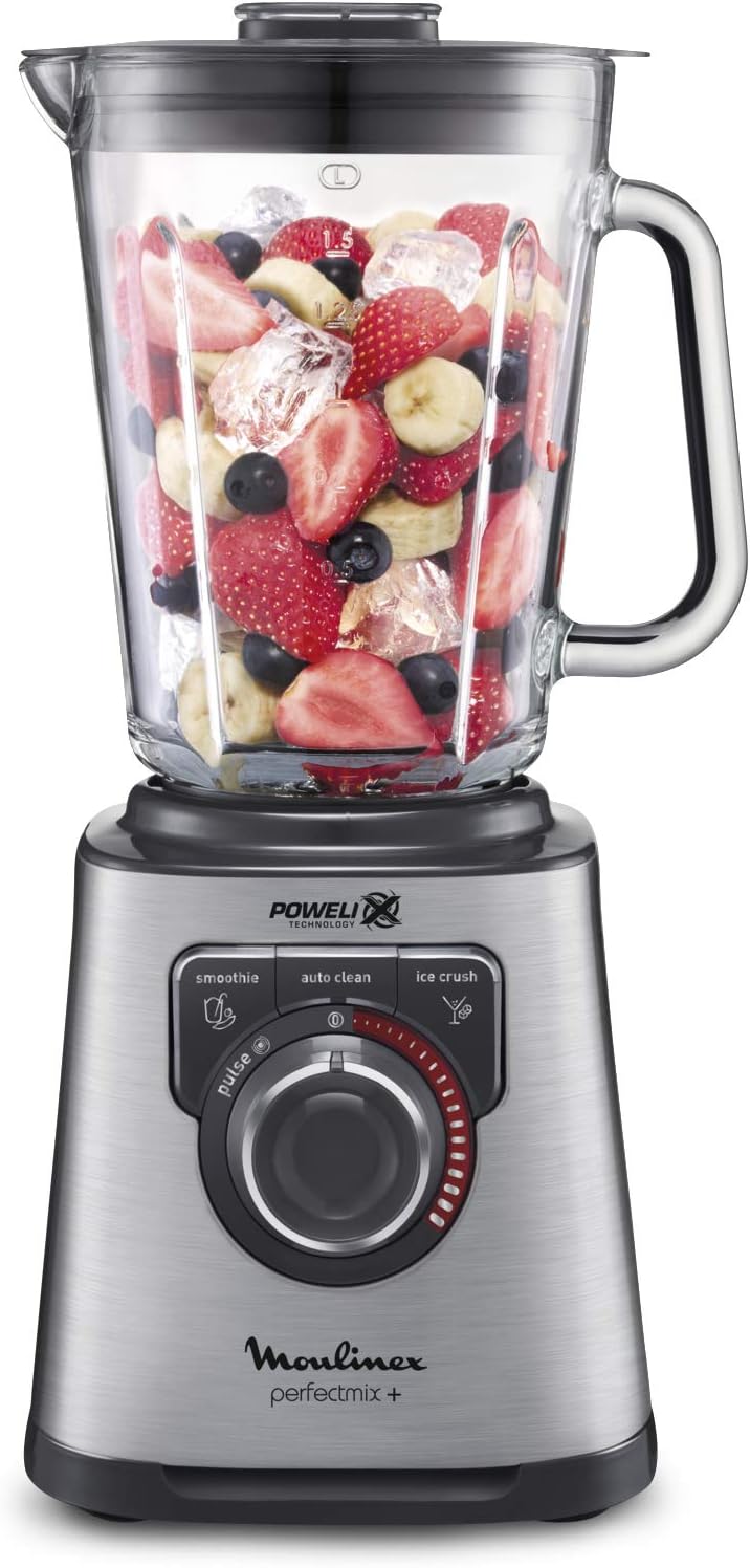 Moulinex Perfect Mix + Blender haute vitesse, 1200 W, Bol verre 2L, 3 programmes automatiques, Smoothie, Glace pilée, Nettoyage automatique