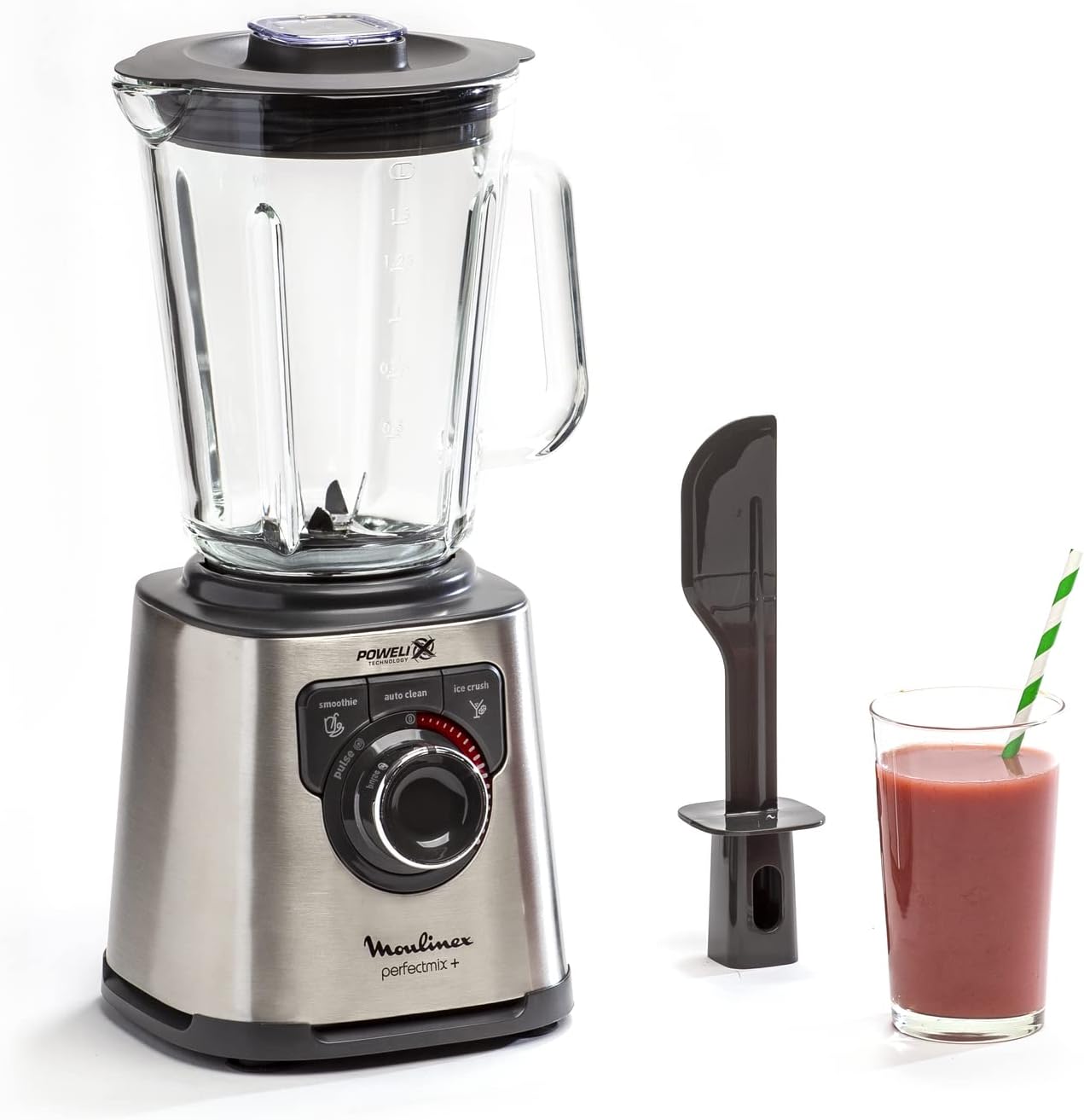 Moulinex Perfect Mix + Blender haute vitesse, 1200 W, Bol verre 2L, 3 programmes automatiques, Smoothie, Glace pilée, Nettoyage automatique