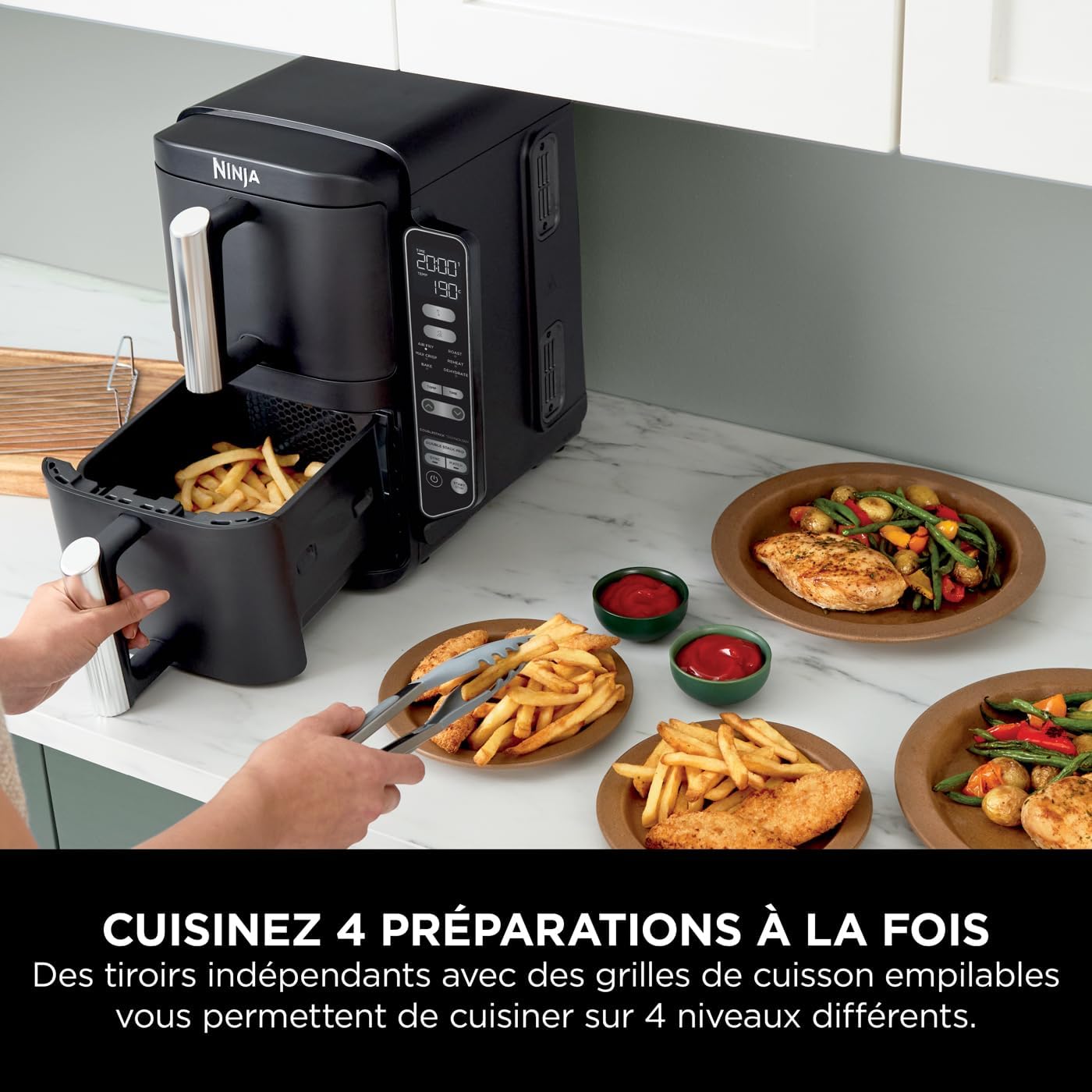 Ninja Double Stack Friteuse verticale sans huile à 2 tiroirs, 4 niveaux cuisson