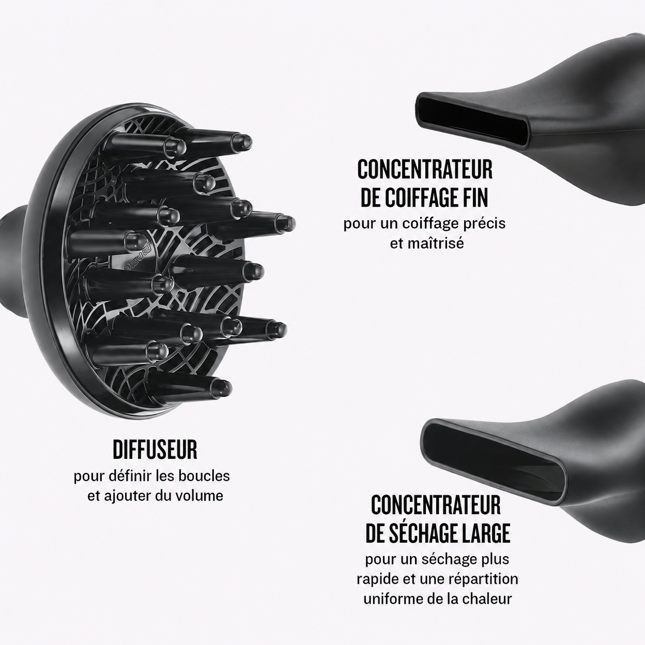 Accessoires du Remington AC8901 : diffuseur, concentrateur fin et concentrateur large