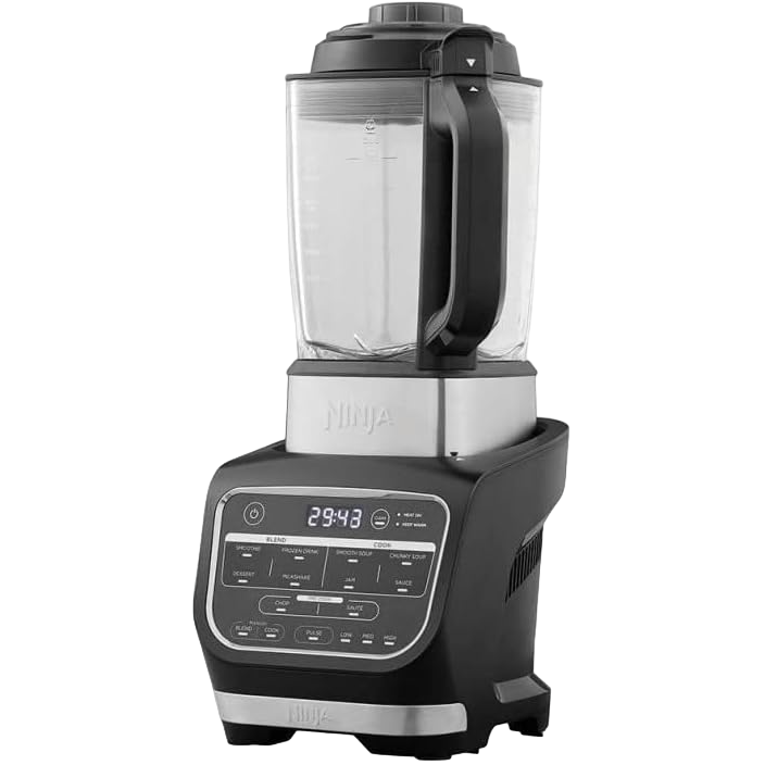 Ninja Foodi blender chauffant vue de côté avec bol verre et base noire