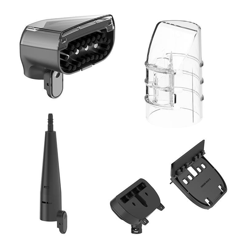 Les 5 accessoires du Valberg SP7 : brosse vapeur, buse, couvercle autonettoyant, brosse à repasser, raclette vitres