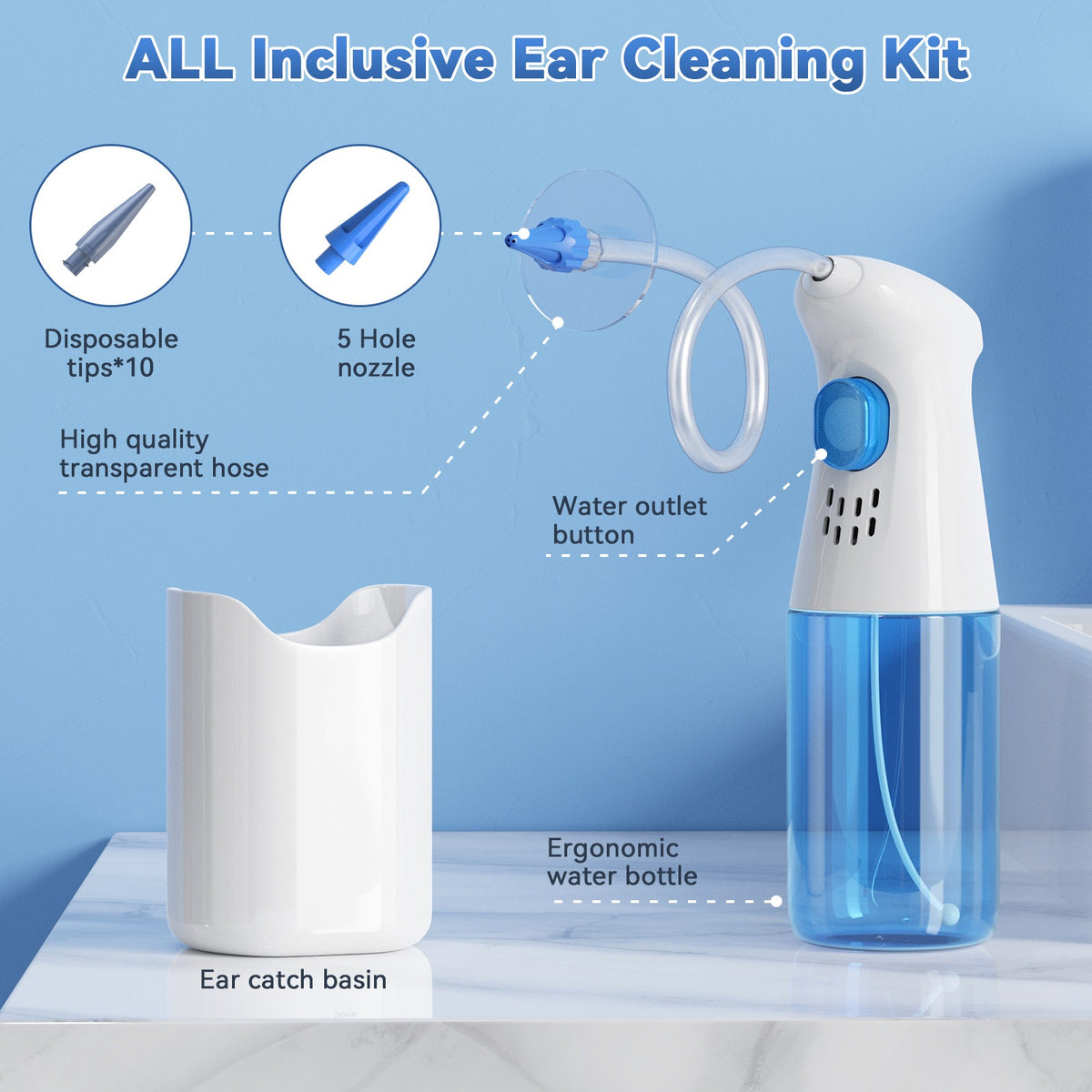 Contenu du kit INSKAM E20 : 10 embouts jetables, embout 5 trous, tube transparent, bouton de sortie d'eau, flacon et bassin – Algérie