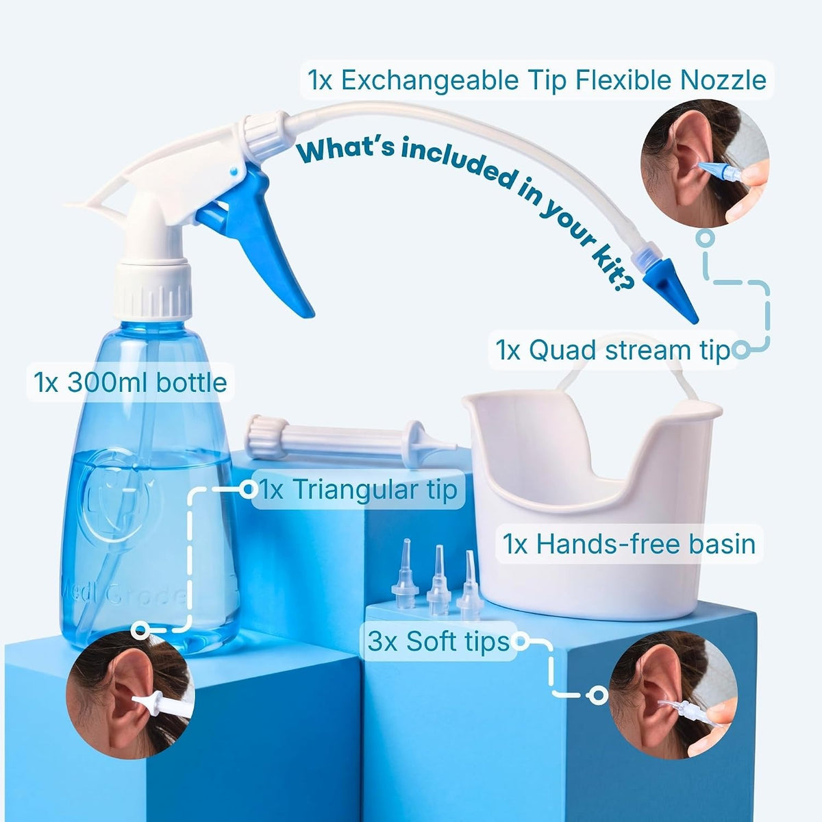 Contenu du kit Medi Grade Ear Washer : flacon 300 ml, buse flexible, embout 4 jets, embout triangulaire, 3 embouts souples, bassin – Algérie