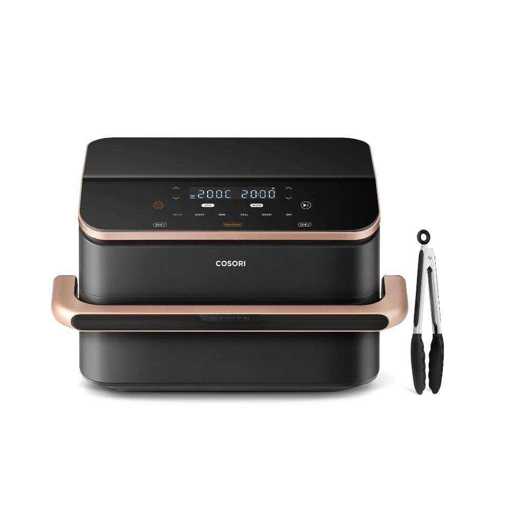 Cosori Dual Blaze TwinFry 10L noir et or rose : friteuse sans huile double zone et sa pince en silicone