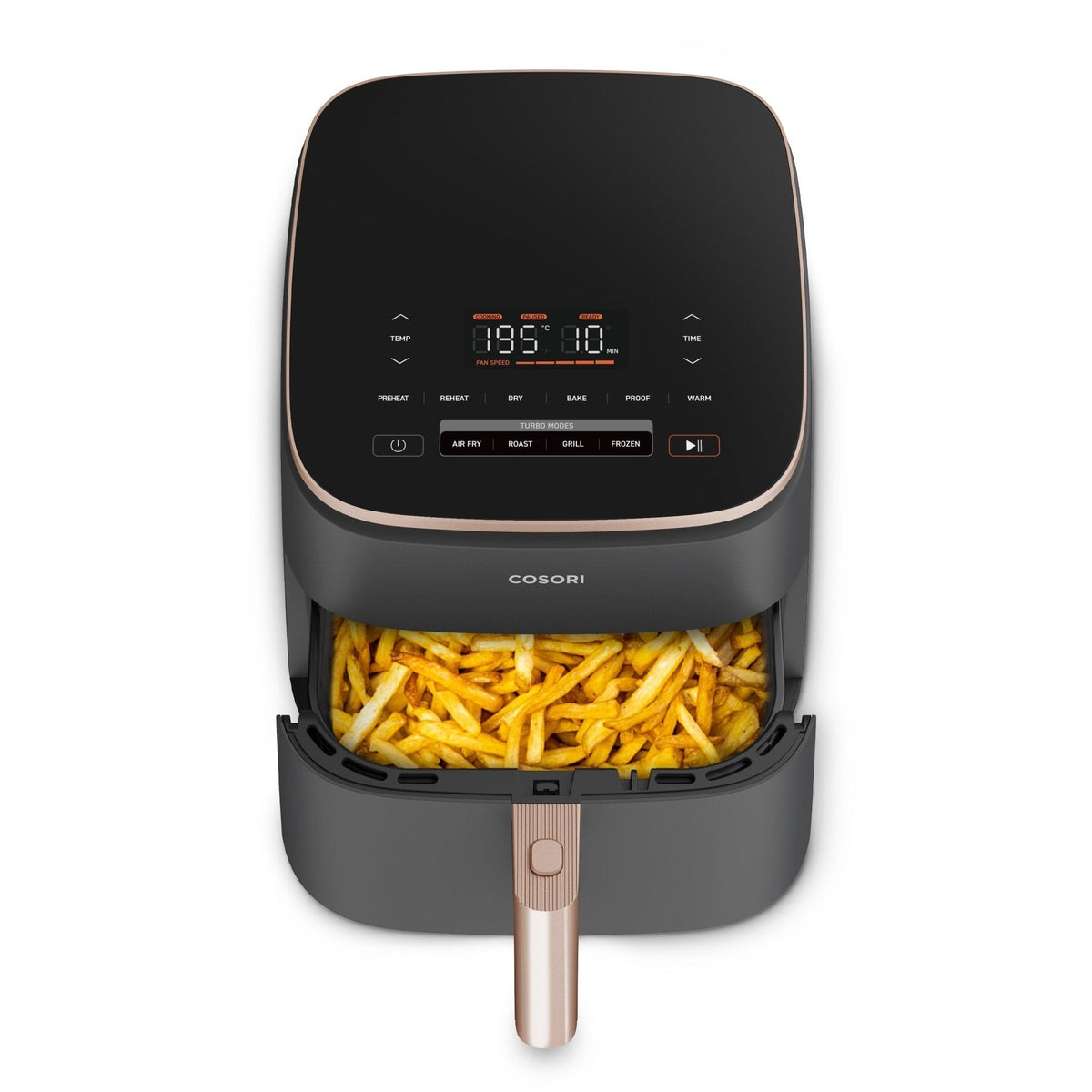 Cosori TurboBlaze™ Chef Edition vue de dessus : panneau tactile et panier ouvert