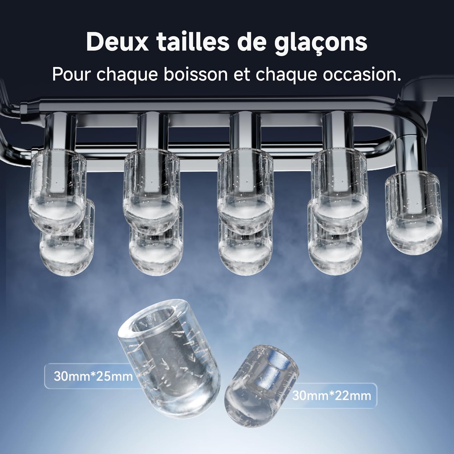 Deux tailles de glaçons 30 mm x 25 mm et 30 mm x 22 mm produits par la Dreame Aura Bullet