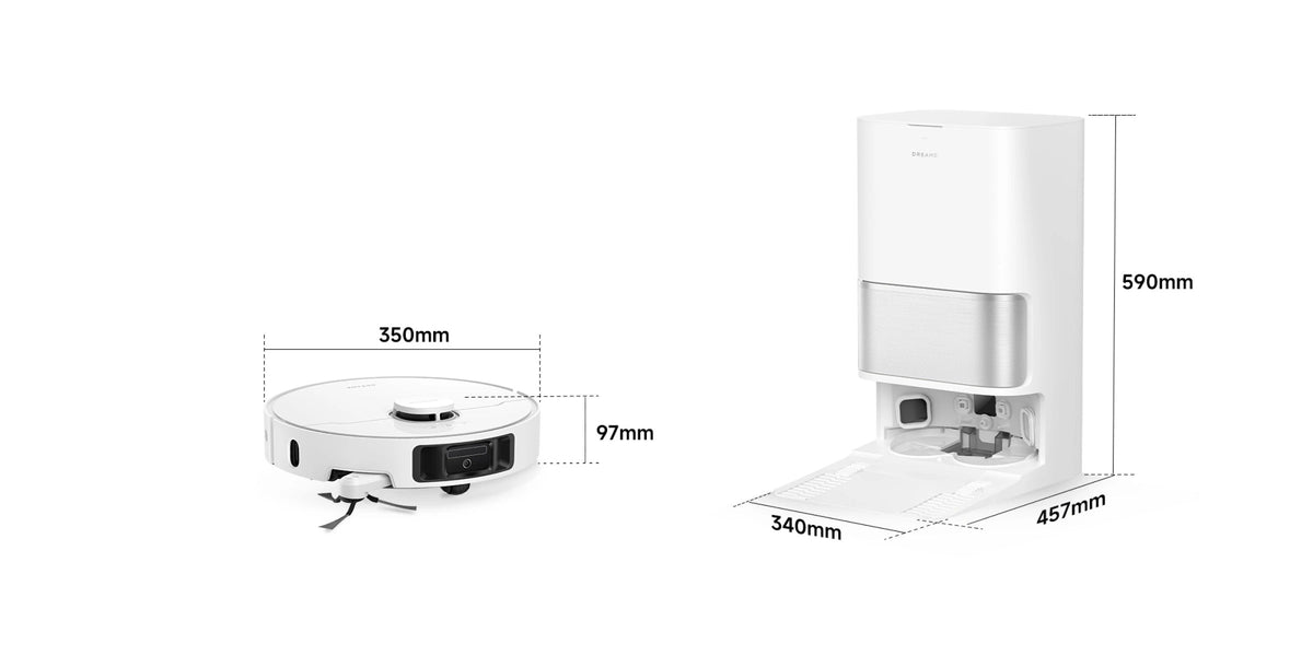 Dimensions du Dreame L10s Ultra Gen 3 : robot 350 × 97 mm, station 457 × 340 × 590 mm