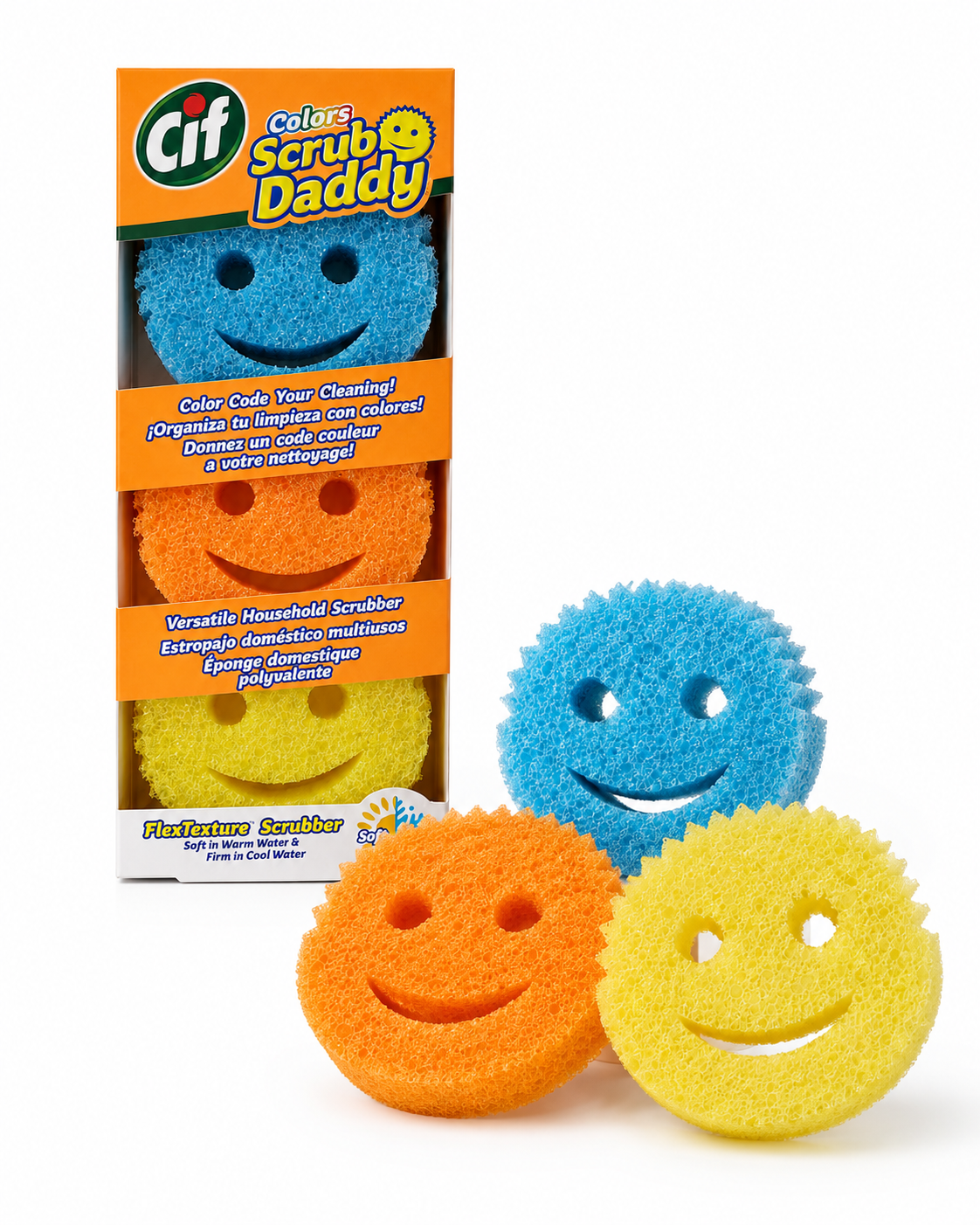 Pack de 3 Scrub Daddy Couleurs – éponges bleue, orange et jaune