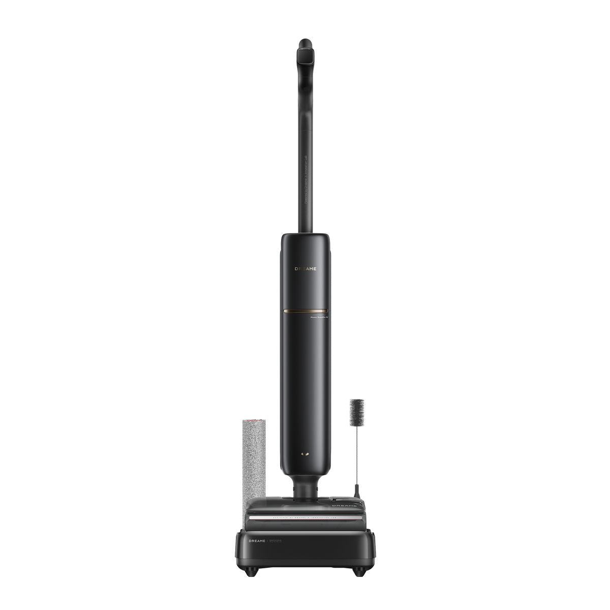 Dreame T16 Pro Heat R sur son socle avec rouleau et brosse de rechange