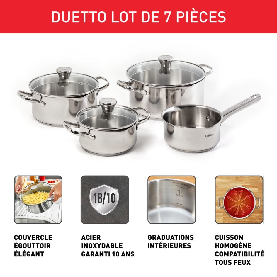 Tefal Duetto lot de 7 pièces : couvercle égouttoir, inox 18/10, graduations intérieures, cuisson tous feux