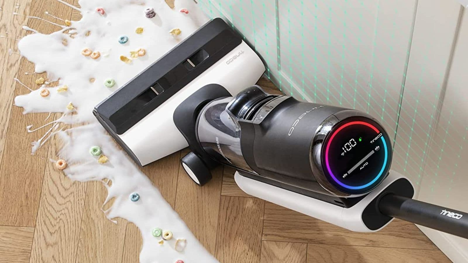 Image d'un aspirateur moderne conçu pour aspirer et laver les sols, avec un design élégant et une fonctionnalité 2-en-1 adaptée à tous types de sols, y compris les carrelages, les parquets et les tapis.