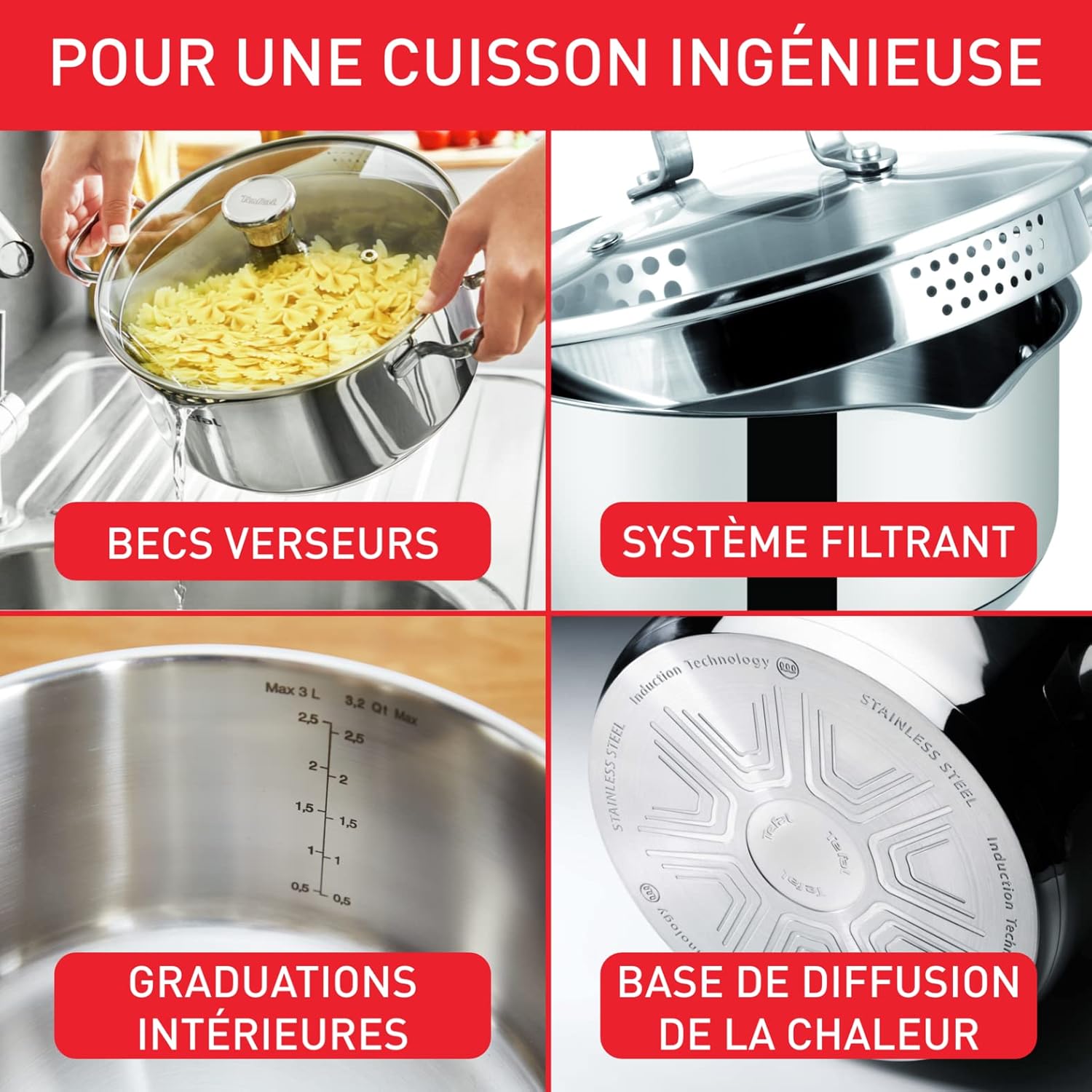 Tefal Duetto On – Batterie de cuisine 9 pièces induction en acier inoxydable