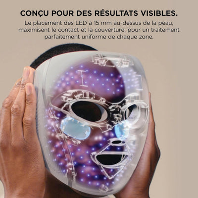 Masque Shark CryoGlow transparent montrant le placement des LED pour une couverture uniforme et des résultats visibles.