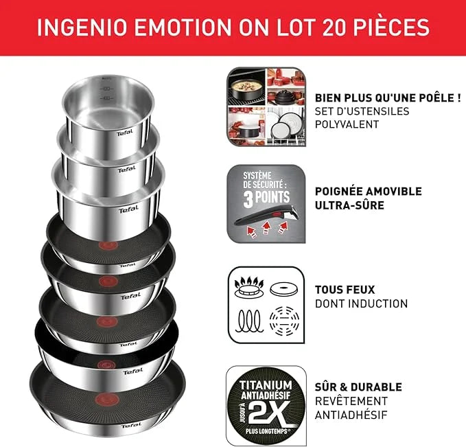 Tefal Ingenio Batterie de Cuisine 20 Pièces avec Poignées Amovibles