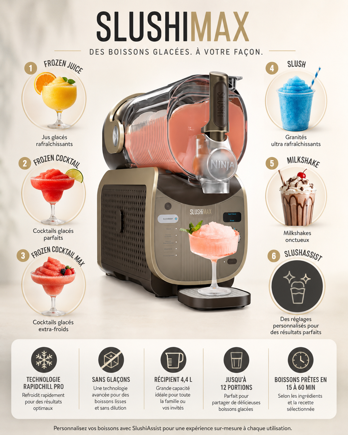 Machine à Granités & Boissons Glacées Ninja SLUSHi MAX FS605EUBR – Moka, 4,4 L, 6 Programmes