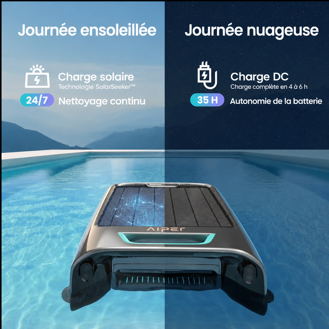 Aiper EcoSurfer S2 – charge solaire SolarSeeker 24/7 et charge secteur 35 h