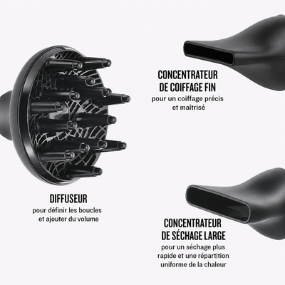 Accessoires du Remington AC8901 : diffuseur, concentrateur fin et concentrateur large