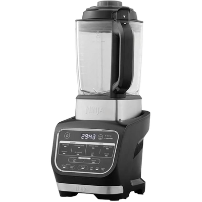 Ninja Foodi blender chauffant vue de côté avec bol verre et base noire