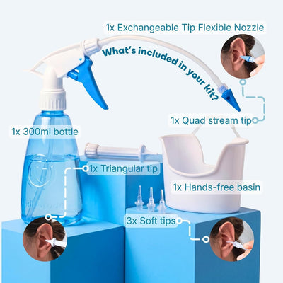 Contenu du kit Medi Grade Ear Washer : flacon 300 ml, buse flexible, embout 4 jets, embout triangulaire, 3 embouts souples, bassin – Algérie