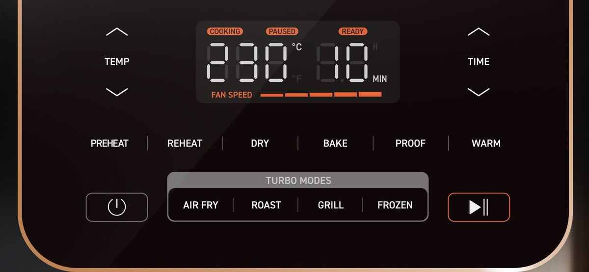 Panneau de commande de la Cosori TurboBlaze™ Chef Edition : 10 fonctions dont 4 modes Turbo et 5 vitesses de ventilation