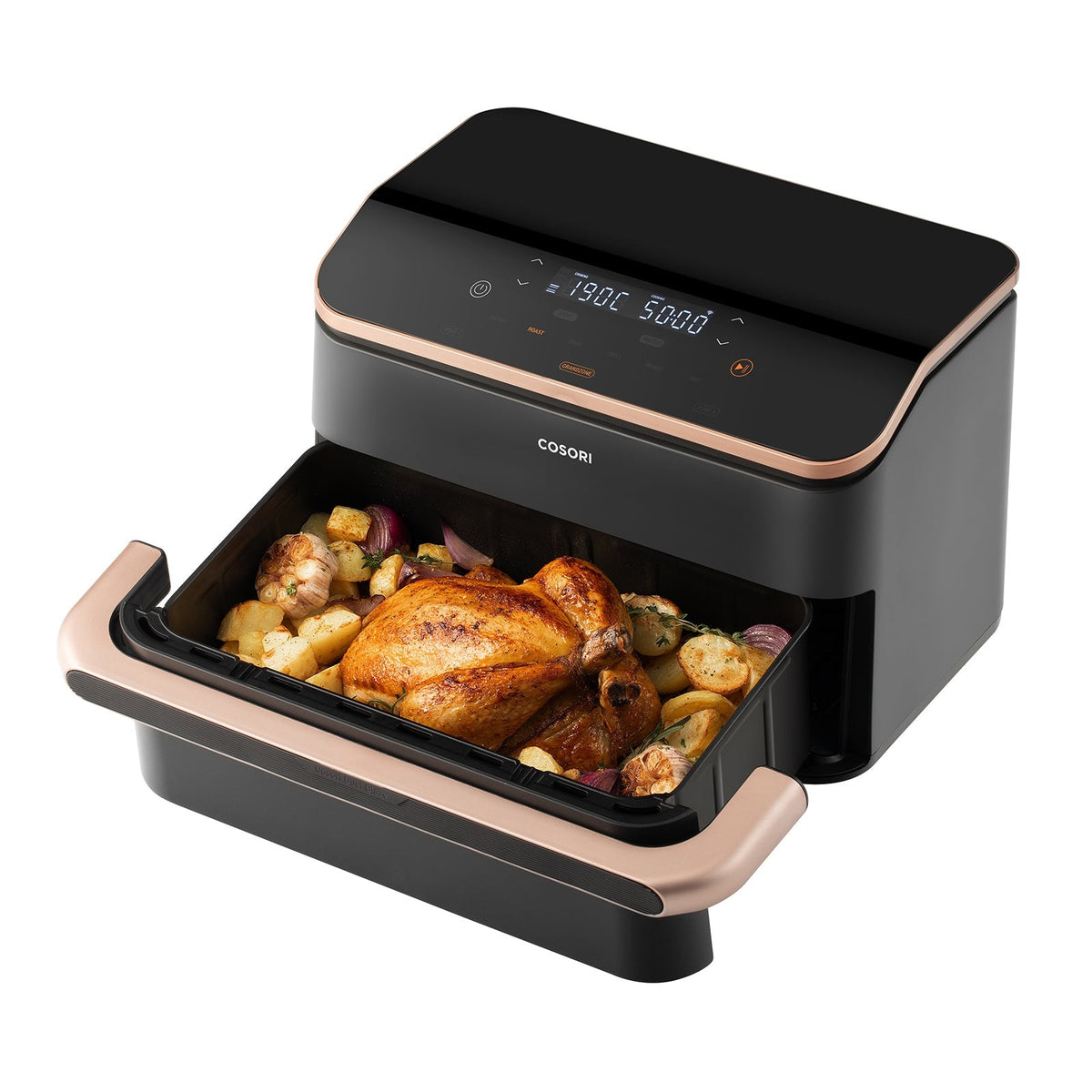Tiroir de 10 L de la Cosori TwinFry ouvert avec un poulet rôti et ses légumes