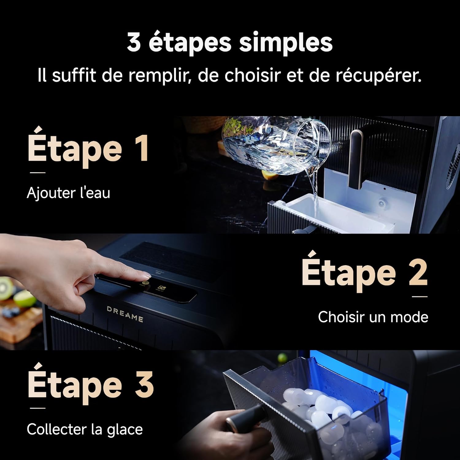 Utilisation en 3 étapes de la Dreame Aura Bullet : ajouter l'eau, choisir un mode, collecter la glace