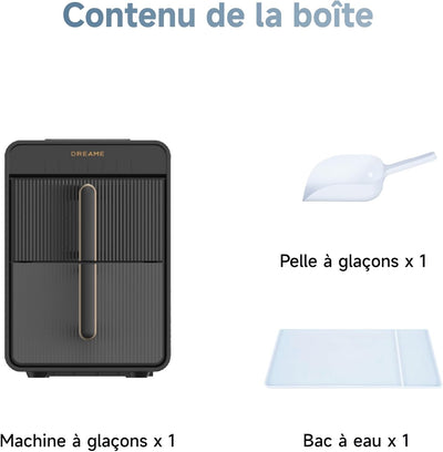 Contenu de la boîte Dreame Aura Bullet : machine à glaçons x1, pelle à glaçons x1, bac à eau x1