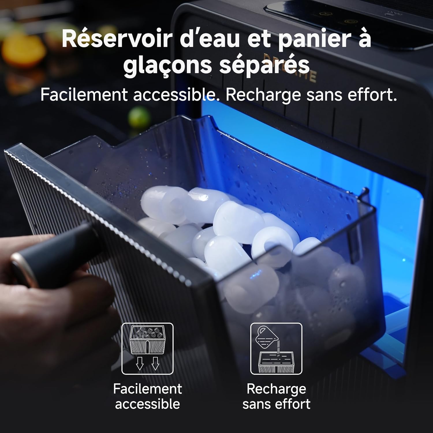 Réservoir d'eau et panier à glaçons séparés de la Dreame Aura Bullet, facilement accessibles