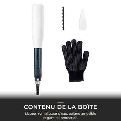 Contenu de la boîte du Dreame AuraSteam Straight : lisseur, remplisseur d’eau, peigne amovible et gant