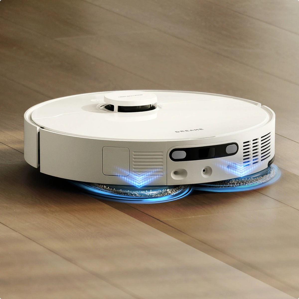 Lavage DuoScrub™ : les deux serpillières rotatives du Dreame L10s Ultra Gen 3 sur parquet