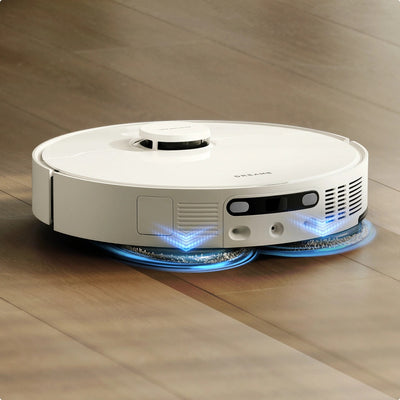 Lavage DuoScrub™ : les deux serpillières rotatives du Dreame L10s Ultra Gen 3 sur parquet