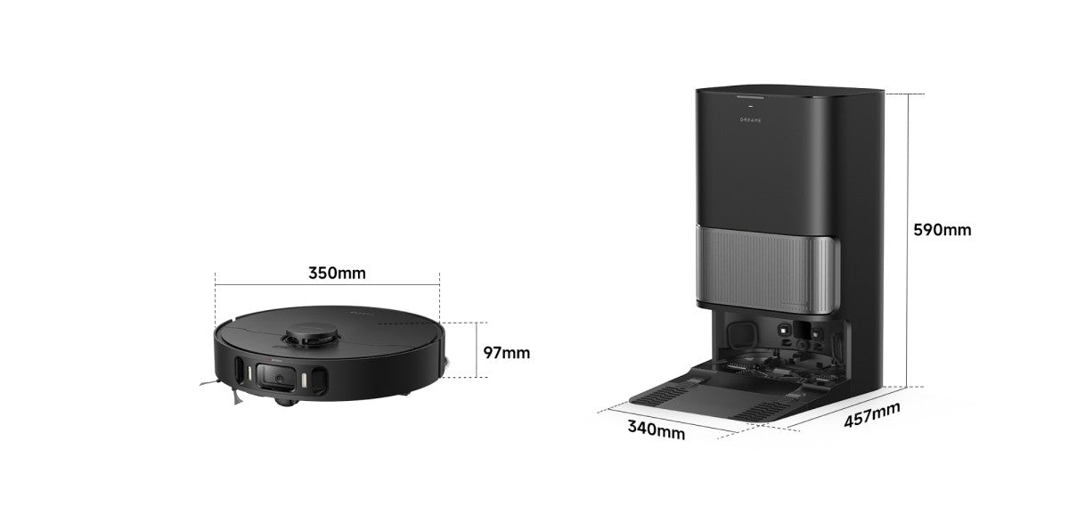 Dimensions du Dreame L40 Ultra AE : robot 350 × 97 mm, station 457 × 340 × 590 mm