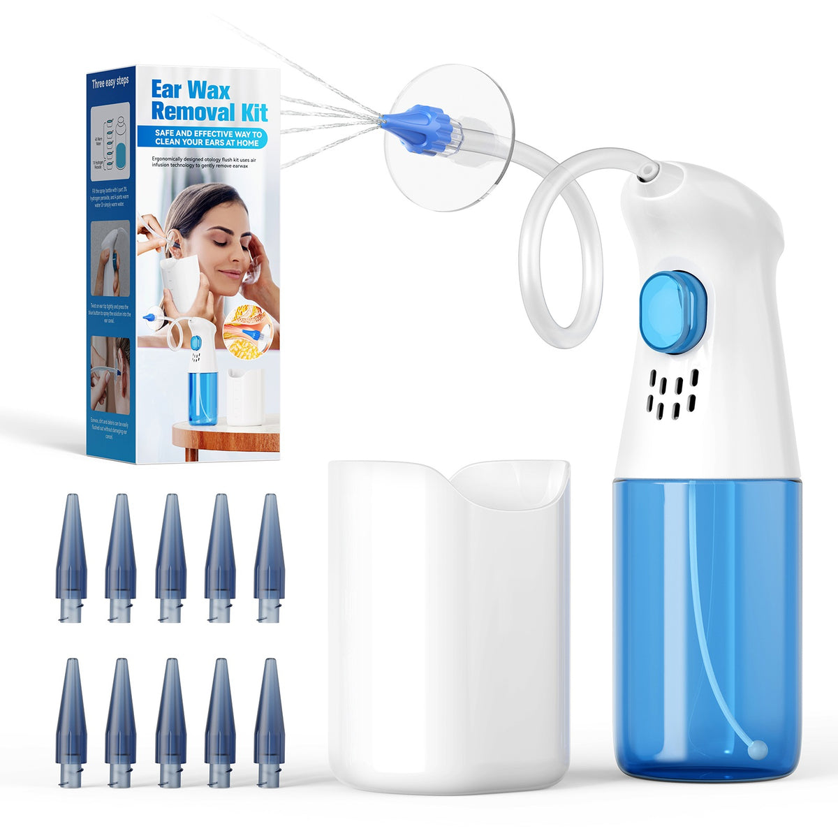 Ear Wax Removal Kit INSKAM E20 : appareil de rinçage blanc et bleu, bassin récupérateur, 10 embouts et boîte – Algérie