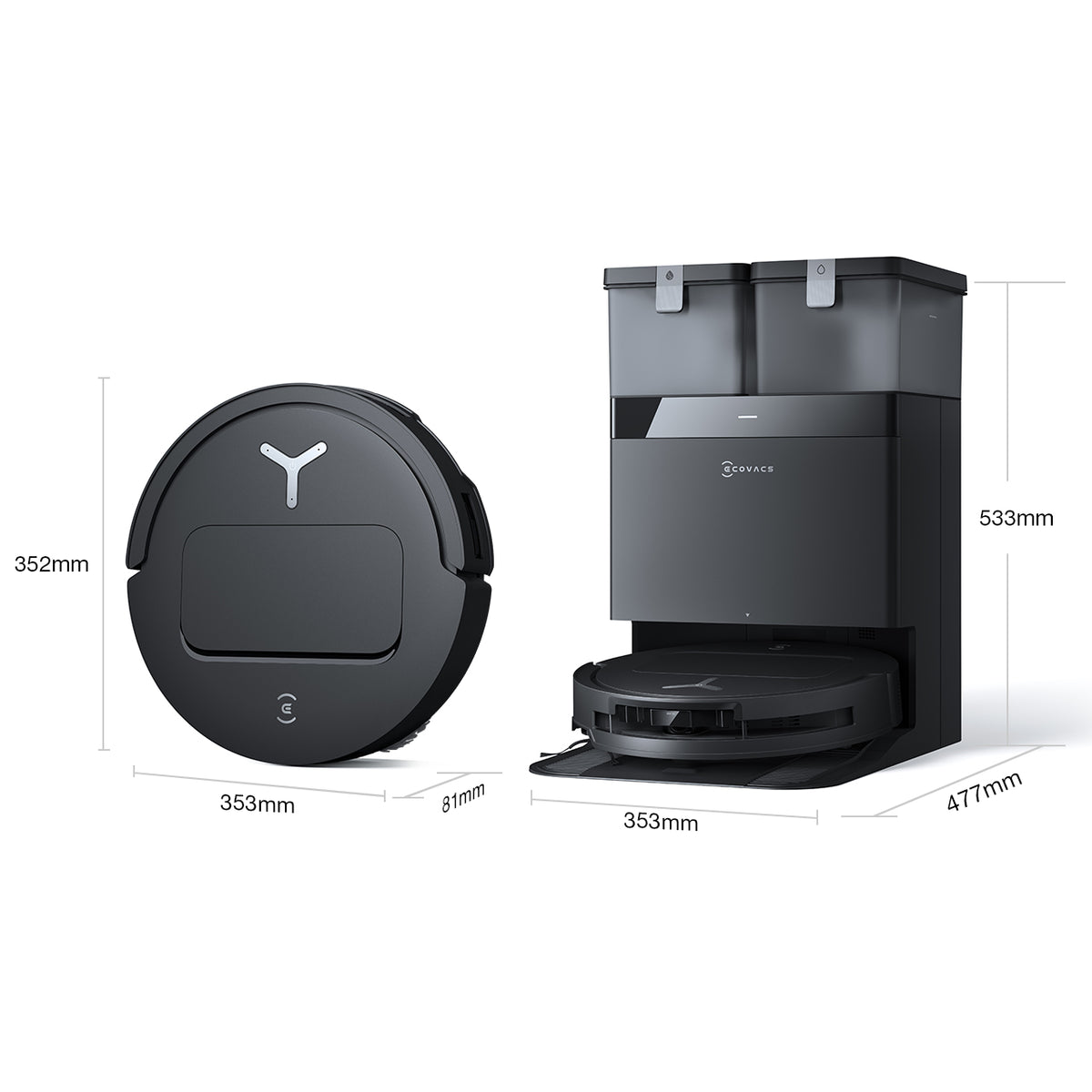 Dimensions Ecovacs Deebot T50 Omni Gen2 : robot 353 × 352 × 81 mm, station 353 × 477 × 533 mm