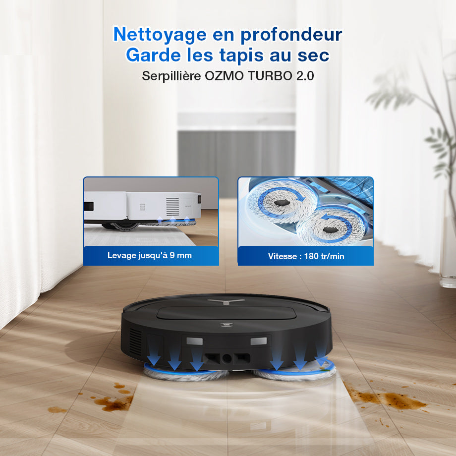 Serpillières rotatives OZMO Turbo 2.0 et levage 9 mm pour les tapis – Ecovacs Deebot T50 Omni Gen2