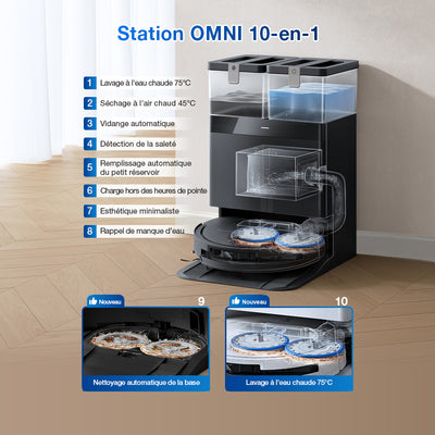 Station OMNI 10-en-1 de l'Ecovacs Deebot T50 Omni Gen2 : lavage à l'eau chaude 75 °C, séchage 45 °C, vidage automatique
