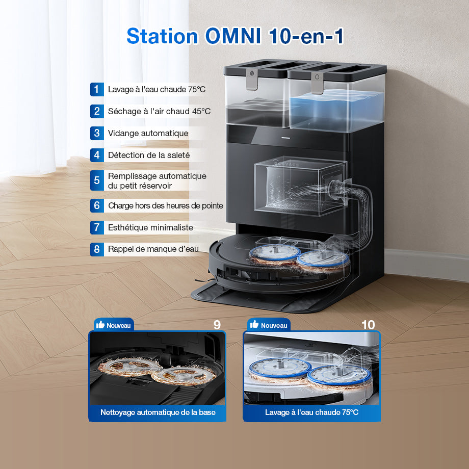 Station OMNI 10-en-1 de l'Ecovacs Deebot T50 Omni Gen2 : lavage à l'eau chaude 75 °C, séchage 45 °C, vidage automatique