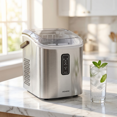 Machine à glaçons MIVANO sur plan de travail avec boisson fraîche