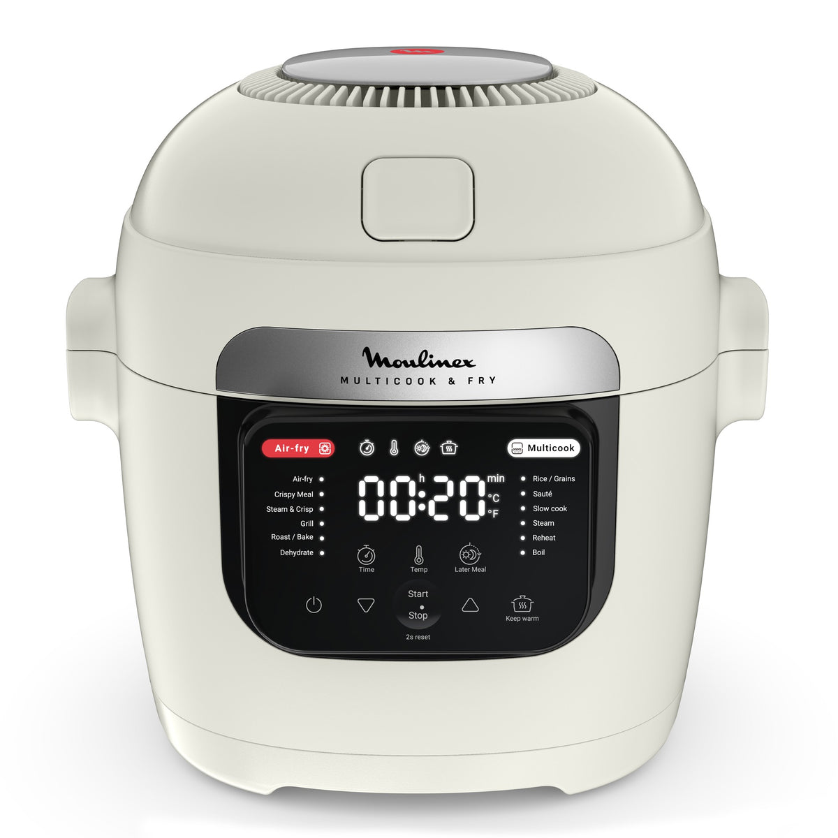 Moulinex Multicook & Fry vu de face : écran et panneau de commande à 12 programmes