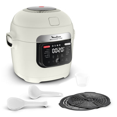 Moulinex Multicook & Fry beige : multicuiseur et air fryer 6 L avec ses grilles, sa louche, sa spatule et son verre doseur