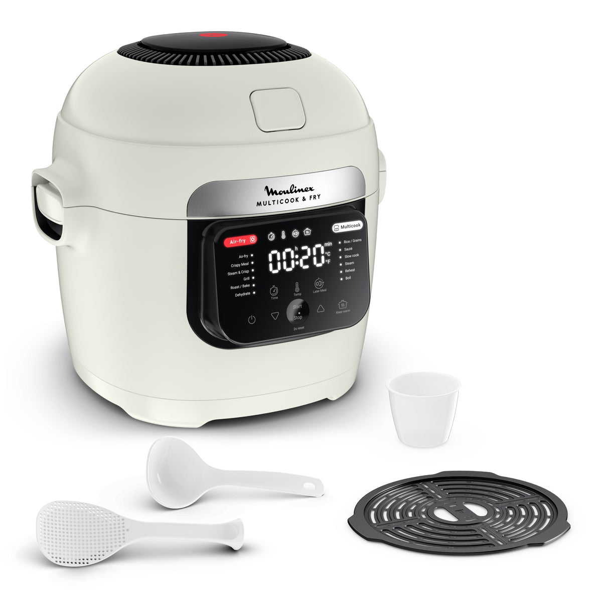 Moulinex Multicook & Fry MZ7301F0 beige et noir : multicuiseur et air fryer 6 L avec sa grille, sa louche, sa spatule et son verre doseur