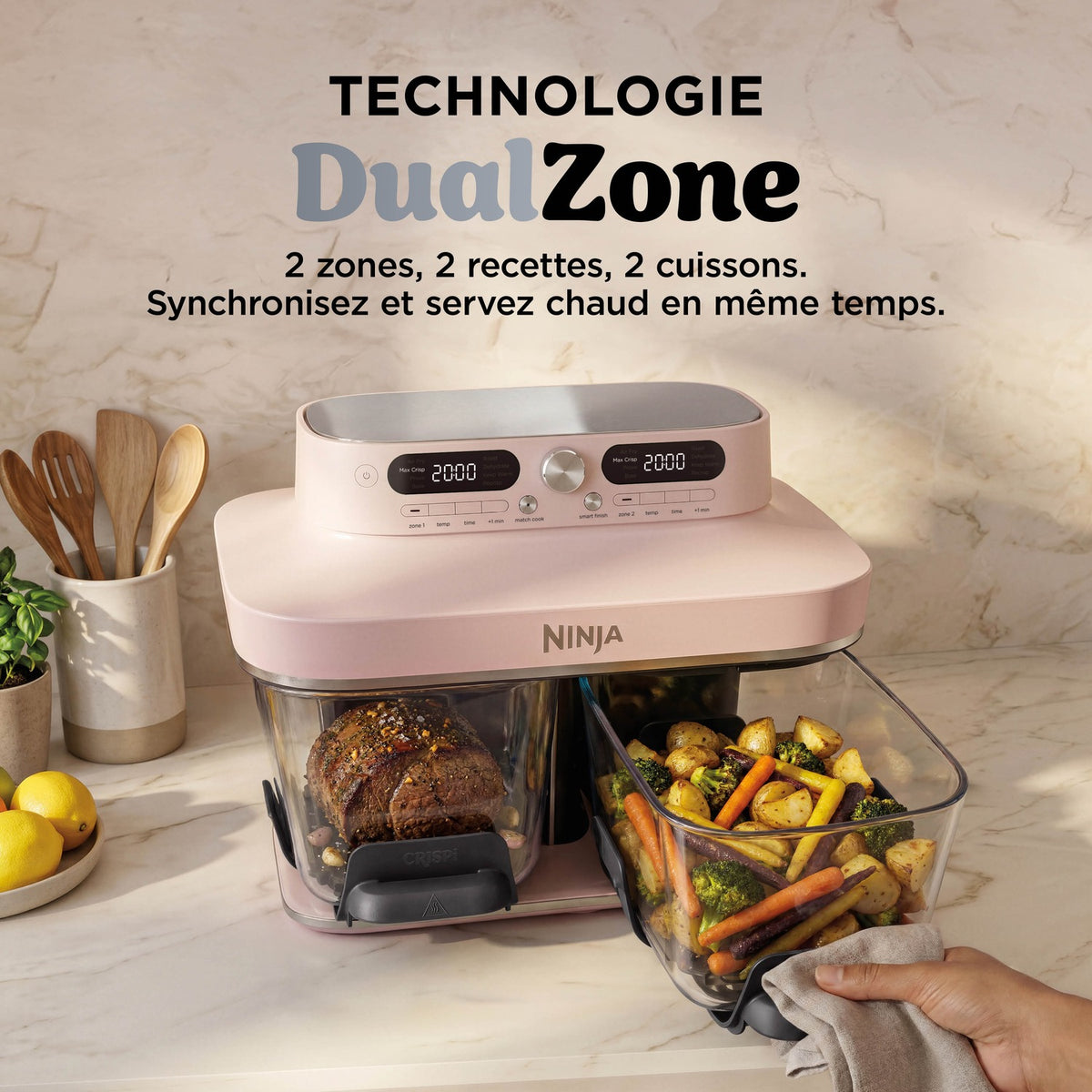 Technologie DualZone : 2 zones, 2 recettes, 2 cuissons, servies chaudes en même temps