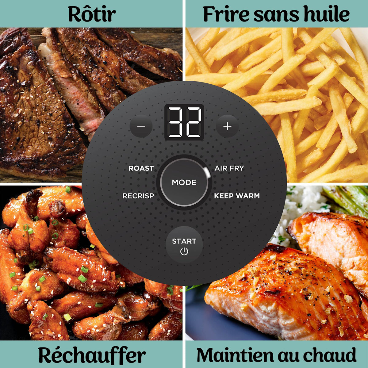 Les 4 fonctions du Ninja CRISPi : rôtir, frire sans huile, réchauffer, maintien au chaud
