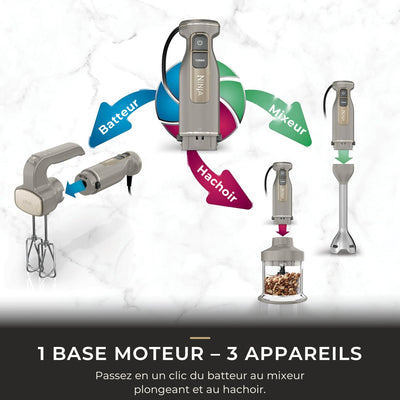 Une seule base moteur Ninja pour 3 appareils : batteur, mixeur plongeant et hachoir
