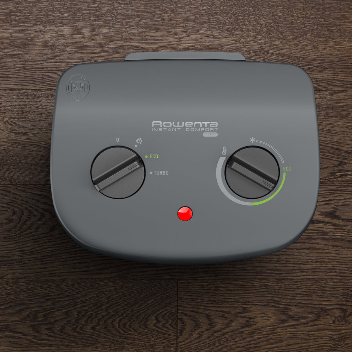 Commandes du Rowenta Instant Comfort Compact : sélecteur Éco / Turbo, thermostat et voyant lumineux