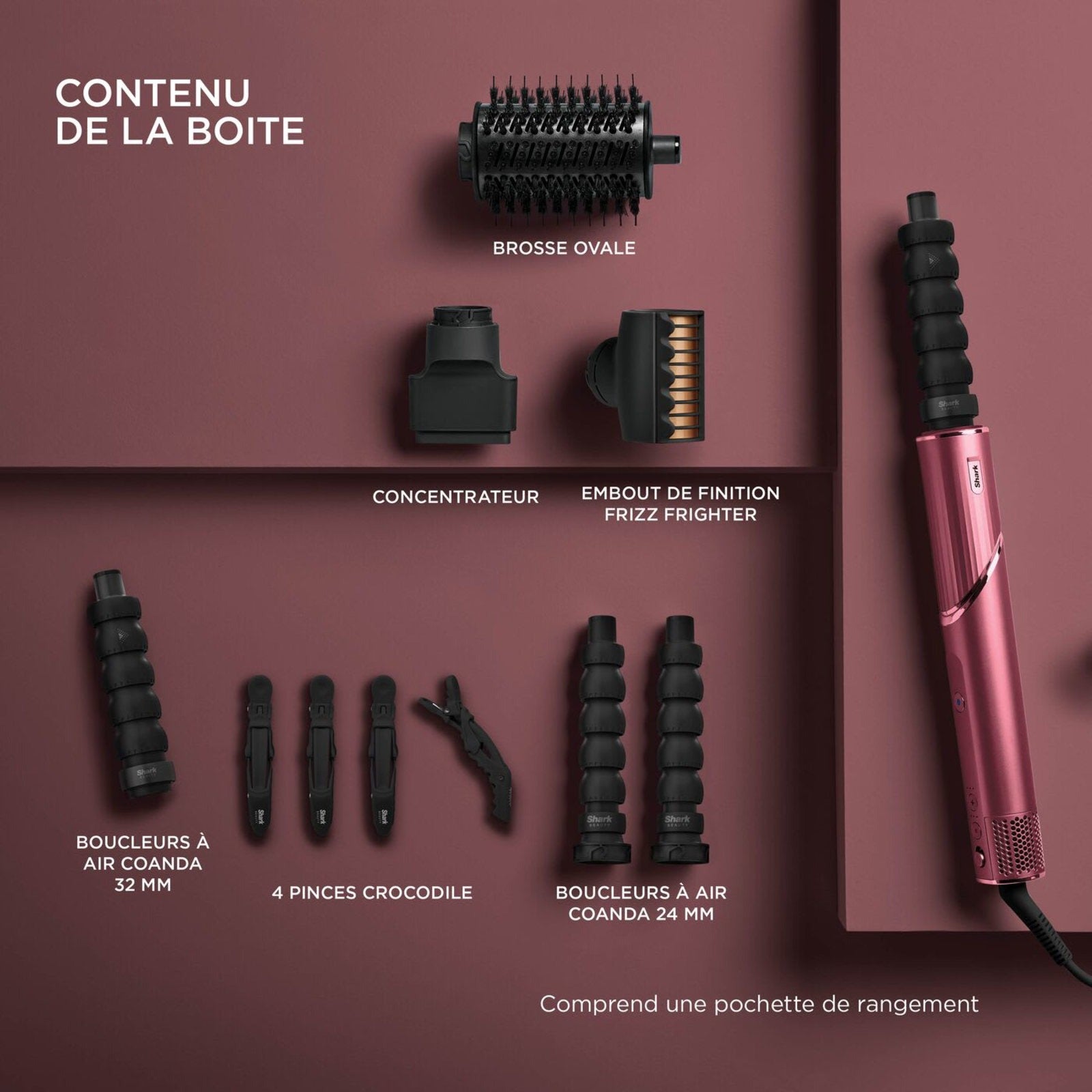 Contenu de la boîte du Shark FlexStyle 5-en-1 édition limitée Cerise Noire