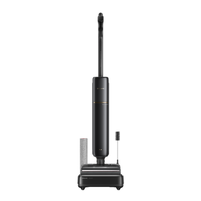 Dreame T16 Pro Heat R sur son socle avec rouleau et brosse de rechange